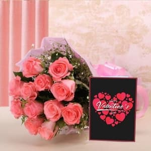 Valentines Pink Roses with Greeting Card